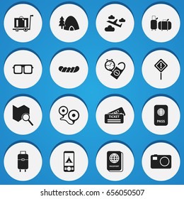 Set Of 16 Editable Journey Icons. Includes Symbols Such As Baggage, Eyeglasses, Camera And More. Can Be Used For Web, Mobile, UI And Infographic Design.