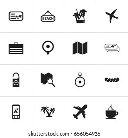 Set Of 16 Editable Journey Icons. Includes Symbols Such As Aircraft, Boarding Pass, Tent In Phone And More. Can Be Used For Web, Mobile, UI And Infographic Design.