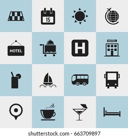 Set Of 16 Editable Journey Icons. Includes Symbols Such As Date Block, Location, Cocktail And More. Can Be Used For Web, Mobile, UI And Infographic Design.