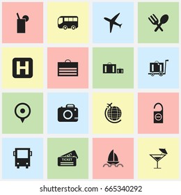 Set Of 16 Editable Journey Icons. Includes Symbols Such As Helipad, Cocktail, Aircraft And More. Can Be Used For Web, Mobile, UI And Infographic Design.