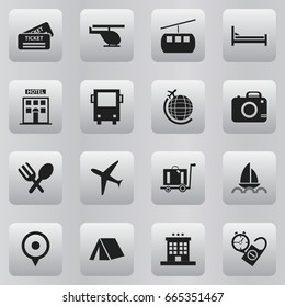 Set Of 16 Editable Journey Icons. Includes Symbols Such As Baggage, Aircraft, Hotel And More. Can Be Used For Web, Mobile, UI And Infographic Design.