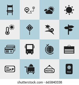 Set Of 16 Editable Journey Icons. Includes Symbols Such As Invitation, Gps, Stool And More. Can Be Used For Web, Mobile, UI And Infographic Design.