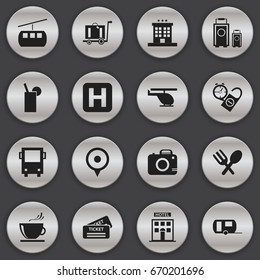 Set Of 16 Editable Journey Icons. Includes Symbols Such As Cutlery, Helipad, Luxury Inn And More. Can Be Used For Web, Mobile, UI And Infographic Design.