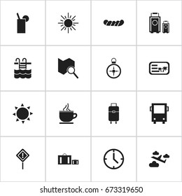 Set Of 16 Editable Journey Icons. Includes Symbols Such As Briefcase, Caution, Solar And More. Can Be Used For Web, Mobile, UI And Infographic Design.