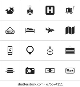 Set Of 16 Editable Journey Icons. Includes Symbols Such As Orientation, Bed, Dishes And More. Can Be Used For Web, Mobile, UI And Infographic Design.