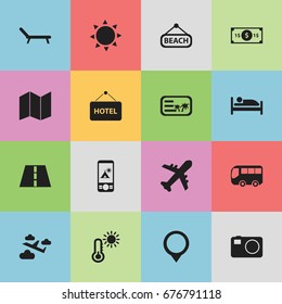 Set Of 16 Editable Journey Icons. Includes Symbols Such As Solar, Plage, Pamphlet And More. Can Be Used For Web, Mobile, UI And Infographic Design.