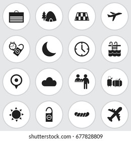 Set Of 16 Editable Journey Icons. Includes Symbols Such As Bratwurst, Suitcases, Airplane And More. Can Be Used For Web, Mobile, UI And Infographic Design.