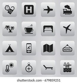 Set Of 16 Editable Journey Icons. Includes Symbols Such As Helipad, Rest Time, Sunbathing And More. Can Be Used For Web, Mobile, UI And Infographic Design.