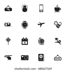 Set Of 16 Editable Journey Icons. Includes Symbols Such As Globe Trip, Camera, Rucksack And More. Can Be Used For Web, Mobile, UI And Infographic Design.