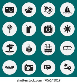 Set Of 16 Editable Journey Icons. Includes Symbols Such As Eyeglasses, Camera, Crossroad And More. Can Be Used For Web, Mobile, UI And Infographic Design.