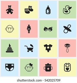 Set Of 16 Editable Kid Icons. Includes Symbols Such As Bath Toys, Rattle, Small Dresses And More. Can Be Used For Web, Mobile, UI And Infographic Design.