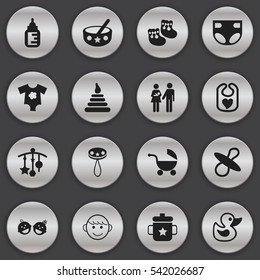 Set Of 16 Editable Kid Icons. Includes Symbols Such As Soothers, Twins Babies, Small Dresses And More. Can Be Used For Web, Mobile, UI And Infographic Design.
