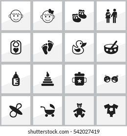 Set Of 16 Editable Kid Icons. Includes Symbols Such As Twins Babies, Merry Children, Tower And More. Can Be Used For Web, Mobile, UI And Infographic Design.