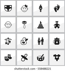 Set Of 16 Editable Kid Icons. Includes Symbols Such As Cheerful Child, Spoon, Nappy And More. Can Be Used For Web, Mobile, UI And Infographic Design.