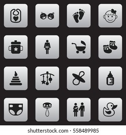 Set Of 16 Editable Kid Icons. Includes Symbols Such As Nursing Bottle, Shoes For Babies, Stroller And More. Can Be Used For Web, Mobile, UI And Infographic Design.