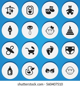 Set Of 16 Editable Kid Icons. Includes Symbols Such As Nappy, Rattle, Cheerful Child And More. Can Be Used For Web, Mobile, UI And Infographic Design.