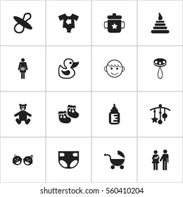 Set Of 16 Editable Kid Icons. Includes Symbols Such As Small Dresses, Lineage, Shoes For Babies And More. Can Be Used For Web, Mobile, UI And Infographic Design.