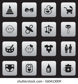 Set Of 16 Editable Kid Icons. Includes Symbols Such As Soothers, Spoon, Goplet And More. Can Be Used For Web, Mobile, UI And Infographic Design.