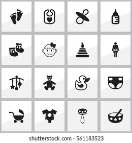 Set Of 16 Editable Kid Icons. Includes Symbols Such As Footmark, Adorn, Shoes For Babies And More. Can Be Used For Web, Mobile, UI And Infographic Design.