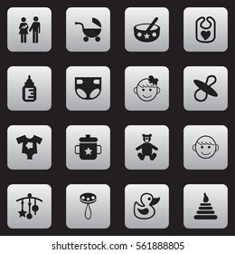 Set Of 16 Editable Kid Icons. Includes Symbols Such As Pinafore, Spoon, Tower And More. Can Be Used For Web, Mobile, UI And Infographic Design.