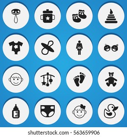 Set Of 16 Editable Kid Icons. Includes Symbols Such As Tower, Shoes For Babies, Nursing Bottle And More. Can Be Used For Web, Mobile, UI And Infographic Design.