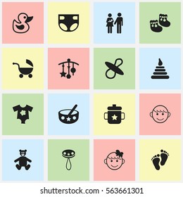 Set Of 16 Editable Kid Icons. Includes Symbols Such As Rattle, Tower, Adorn And More. Can Be Used For Web, Mobile, UI And Infographic Design.