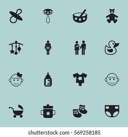Set Of 16 Editable Kid Icons. Includes Symbols Such As Rattle, Small Dresses, Cheerful Child And More. Can Be Used For Web, Mobile, UI And Infographic Design.