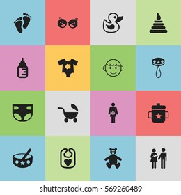 Set Of 16 Editable Kid Icons. Includes Symbols Such As Bath Toys, Small Dresses, Nappy And More. Can Be Used For Web, Mobile, UI And Infographic Design.