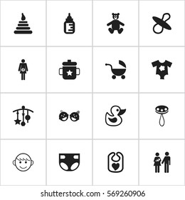 Set Of 16 Editable Kid Icons. Includes Symbols Such As Bath Toys, Twins Babies, Goplet And More. Can Be Used For Web, Mobile, UI And Infographic Design.