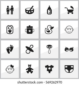 Set Of 16 Editable Kid Icons. Includes Symbols Such As Goplet, Spoon, Cheerful Child And More. Can Be Used For Web, Mobile, UI And Infographic Design.