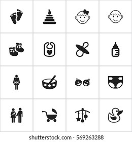 Set Of 16 Editable Kid Icons. Includes Symbols Such As Bath Toys, Stroller, Tower And More. Can Be Used For Web, Mobile, UI And Infographic Design.
