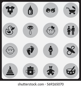 Set Of 16 Editable Kid Icons. Includes Symbols Such As Twins Babies, Cheerful Child, Teddy And More. Can Be Used For Web, Mobile, UI And Infographic Design.
