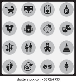 Set Of 16 Editable Kid Icons. Includes Symbols Such As Twins Babies, Pinafore, Goplet And More. Can Be Used For Web, Mobile, UI And Infographic Design.
