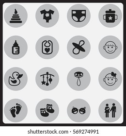 Set Of 16 Editable Kid Icons. Includes Symbols Such As Goplet, Nappy, Tower And More. Can Be Used For Web, Mobile, UI And Infographic Design.