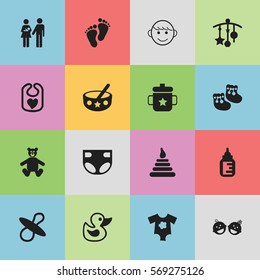 Set Of 16 Editable Kid Icons. Includes Symbols Such As Twins Babies, Adorn, Bath Toys And More. Can Be Used For Web, Mobile, UI And Infographic Design.