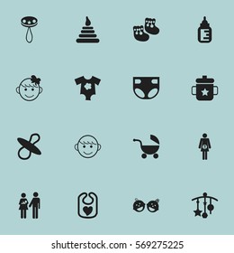 Set Of 16 Editable Kid Icons. Includes Symbols Such As Adorn, Shoes For Babies, Nappy And More. Can Be Used For Web, Mobile, UI And Infographic Design.