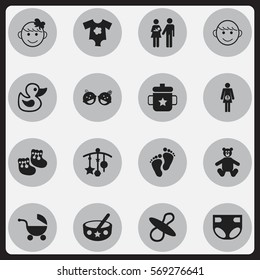 Set Of 16 Editable Kid Icons. Includes Symbols Such As Footmark, Twins Babies, Merry Children And More. Can Be Used For Web, Mobile, UI And Infographic Design.