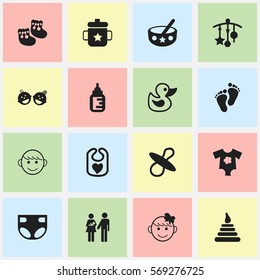 Set Of 16 Editable Kid Icons. Includes Symbols Such As Pinafore, Spoon, Footmark And More. Can Be Used For Web, Mobile, UI And Infographic Design.