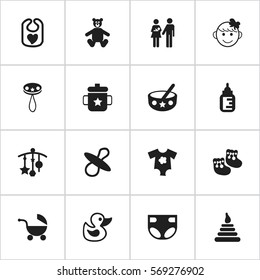 Set Of 16 Editable Kid Icons. Includes Symbols Such As Spoon, Small Dresses, Bath Toys And More. Can Be Used For Web, Mobile, UI And Infographic Design.