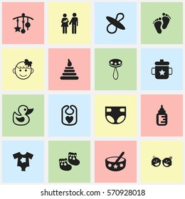 Set Of 16 Editable Kid Icons. Includes Symbols Such As Cheerful Child, Footmark, Rattle And More. Can Be Used For Web, Mobile, UI And Infographic Design.