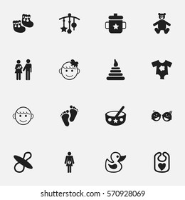 Set Of 16 Editable Kid Icons. Includes Symbols Such As Goplet, Pinafore, Cheerful Child And More. Can Be Used For Web, Mobile, UI And Infographic Design.