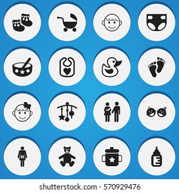Set Of 16 Editable Kid Icons. Includes Symbols Such As Merry Children, Spoon, Lineage And More. Can Be Used For Web, Mobile, UI And Infographic Design.