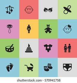 Set Of 16 Editable Kid Icons. Includes Symbols Such As Tower, Merry Children, Lineage And More. Can Be Used For Web, Mobile, UI And Infographic Design.