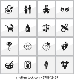 Set Of 16 Editable Kid Icons. Includes Symbols Such As Small Dresses, Twins Babies, Adorn And More. Can Be Used For Web, Mobile, UI And Infographic Design.