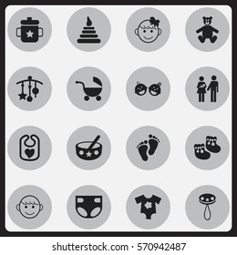 Set Of 16 Editable Kid Icons. Includes Symbols Such As Spoon, Goplet, Lineage And More. Can Be Used For Web, Mobile, UI And Infographic Design.