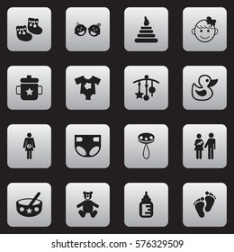 Set Of 16 Editable Kid Icons. Includes Symbols Such As Tower, Adorn, Twins Babies And More. Can Be Used For Web, Mobile, UI And Infographic Design.