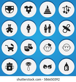 Set Of 16 Editable Kid Icons. Includes Symbols Such As Nursing Bottle, Pregnancy, Small Dresses And More. Can Be Used For Web, Mobile, UI And Infographic Design.
