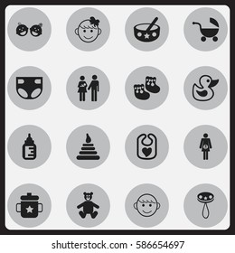 Set Of 16 Editable Kid Icons. Includes Symbols Such As Bath Toys, Shoes For Babies, Stroller And More. Can Be Used For Web, Mobile, UI And Infographic Design.