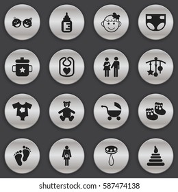 Set Of 16 Editable Kid Icons. Includes Symbols Such As Pregnancy, Stroller, Nappy And More. Can Be Used For Web, Mobile, UI And Infographic Design.