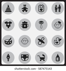 Set Of 16 Editable Kid Icons. Includes Symbols Such As Small Dresses, Tower, Rattle And More. Can Be Used For Web, Mobile, UI And Infographic Design.